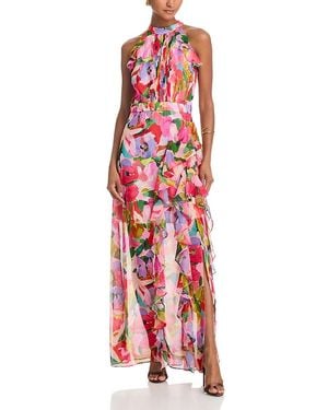 Aqua Printed Ruffle Placket Maxi Dress - Red