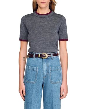 Sandro Two Tone Cropped Short Sleeve Sweater - Blue