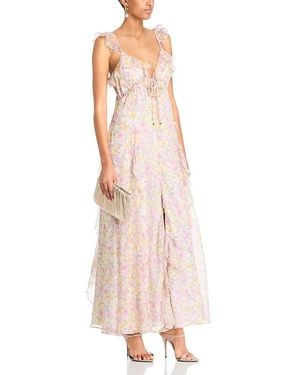 Aqua Ruffled Floral Flutter Sleeve Gown - Pink