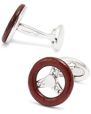 Jan Leslie Sports Car Steering Wheel Round Wood & Sterling Cufflinks - White