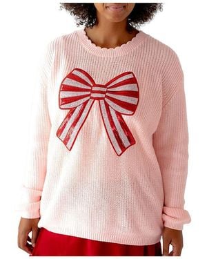 Sweet Wink Candy Cane Sequin Bow Patch Christmas Sweater - Pink