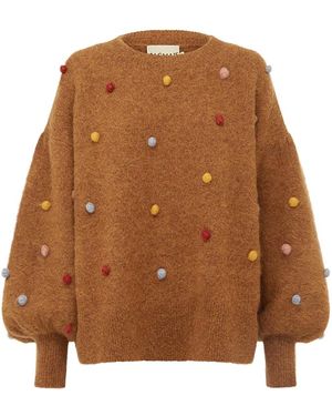 ALÉMAIS Pom Pom Balloon Sleeve Sweater - Brown