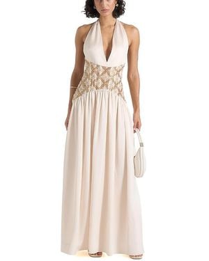Manière De Voir Ava Halterneck Embellished Corset Gathered Maxi Dress - Natural
