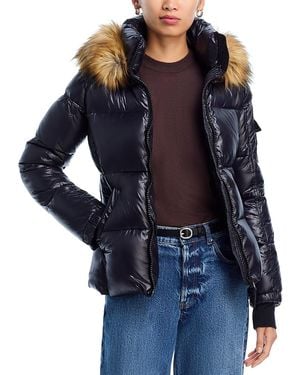 Aqua Gloss Puffer Jacket With Faux Fur Trimmed Hood - Blue