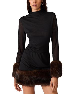 Steve Madden Lilienne Sheer Faux Fur Trim Top - Black