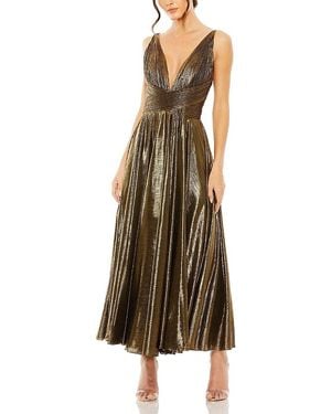 Mac Duggal Sleeveless V Neck Pleated Top Metallic Dress - Green
