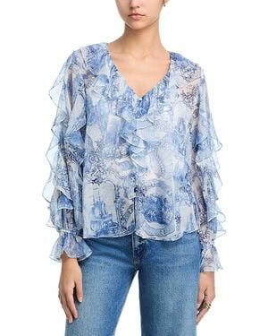 Aqua Seashell Toile Ruffle Long Sleeve Top With Built - Blue