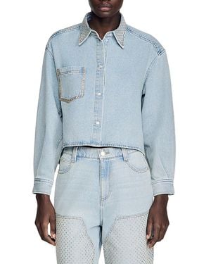 Sandro Lady Rhinestone Crop Denim Shirt - Blue
