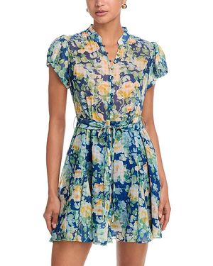 Aqua Floral Button Front Flutter Mini Dress - Blue