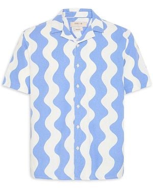 Solid Linen Printed Short Sleeve Button Up Shirt - Blue