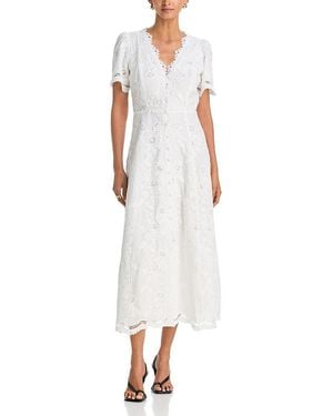 Aqua Embroidered Lace Button Front V Neck Dress - White