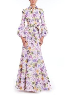 Badgley Mischka Floral Long Sleeve Shirt Gown - Purple