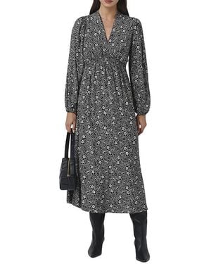 Ghost Petal Crepe V Neck Midi Waisted Dress - Gray