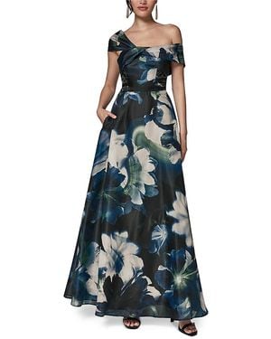 Donna Karan Printed Organza Off The Shoulder Gown - Blue