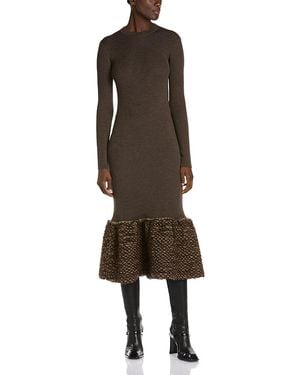 McQueen Wool Blend Ribbed Feathery Hem Midi Dress - Brown