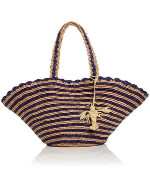 Aqua Stripe Fan Raffia Tote - Brown