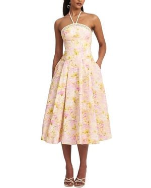 Miss Circle Zaina Floral Print Lace Trim Linen Midi Dress - Natural