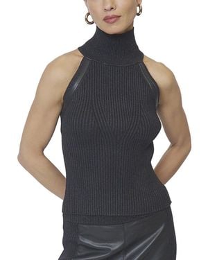 Central Park West Milan Leather Accent Sleeveless T-Neck Tops - Blue