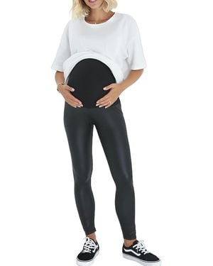 Accouchée Subtle Foldover Waistband Faux Leather Maternity Leggings - Blue