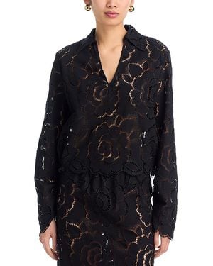 CISSA Long Sleeve V Neck Lace Shirt - Black