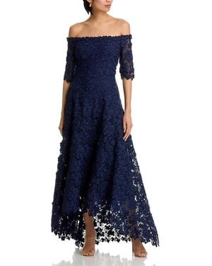 Teri Jon 3D Flower Lace Off Shoulder High Low Gown - Blue