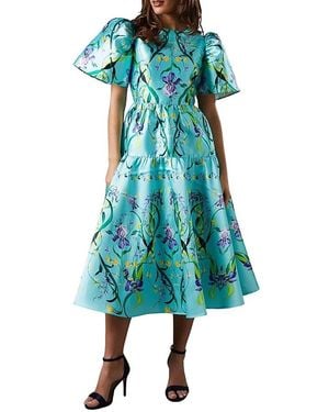 Coast Twill Puff Sleeve Printed Midi Dress - Blue