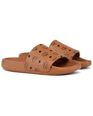 MCM Monogram Print Rubber Slides - Brown