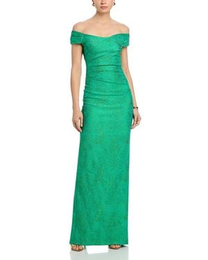 Teri Jon Shimmer Jacquard Off Shoulder Ruched Gown - Green