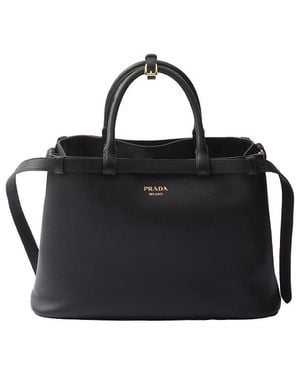 Prada Buckle Medium Leather Handbag With Double Belt - Black