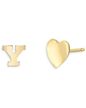 Zoe Lev 14K Heart & Initial Stud Earrings - Metallic