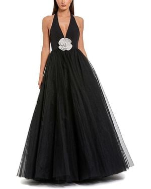 Mac Duggal Jersey Halter Ballgown With Tulle Skirt & Flower - Black