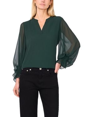 Vince Camuto V Neck Sheer Sleeve Top - Green