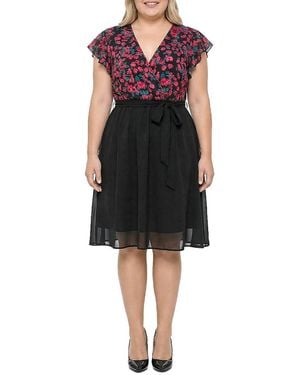 Standards & Practices Plus Floral Top Solid Skirt Flutter Sleeve Dress - Black