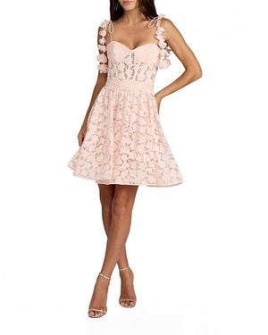 Mac Duggal Floral Net Tie Strap Bustier Ruffle Mini Dress - Pink
