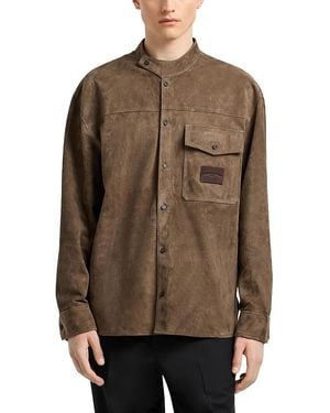 Emporio Armani Asymmetric Mandarin Collar Regular Fit Leather Shirt - Brown
