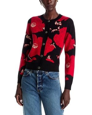 Tahari Crewneck Lurex Floral Jacquard Cardigan - Red