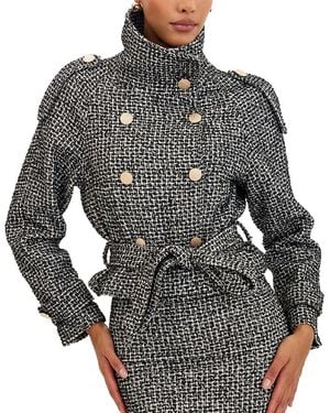 Miss Circle Sadie Tweed High Collar Belted Mini Jacket - Gray