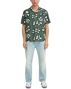 Solid Linen Printed Short Sleeve Button Up Shirt - Green