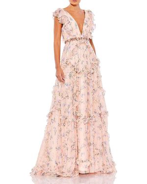 Mac Duggal Ruffled Floral Print Cap Sleeve Gown - Pink