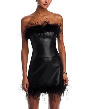 Aqua Feather Trim Faux Leather Top - Black