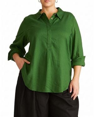 UNIVERSAL STANDARD Plus Elbe Popover Stretch Linen Shirt - Green