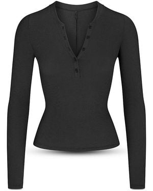 Skims Ribbed Cotton Blend Henley Top - Black