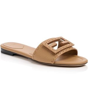 Fendi Baguette Leather Selleria Slides - Brown