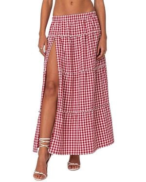 Edikted Gingham Side Slit Tiered Maxi Skirt
