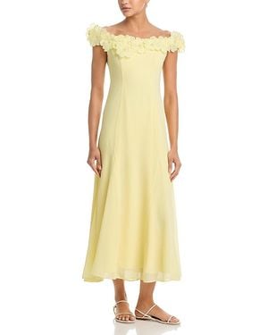 Aqua Applique Floral Off-The-Shoulder Midi Dress - Yellow