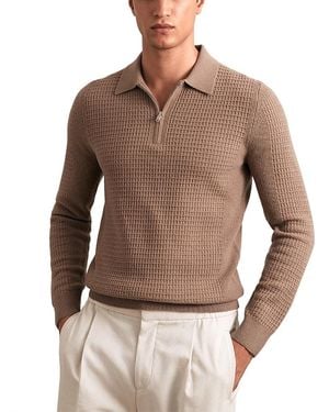 Reiss Hamilton Long Sleeved Half Zip Square Textured Wool Polo Shirt - Brown