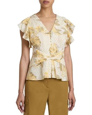 Santorelli Ella Flutter Sleeve Buttoned Blouse With Waist Panel - Natural