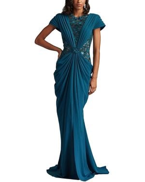 Tadashi Shoji Julina Draped Overlay Embroidered Gown - Blue