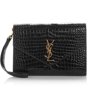 Saint Laurent Monogram Croc Embossed Leather Clutch - Black
