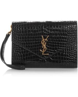 Saint Laurent Monogram Croc Embossed Leather Clutch - Black